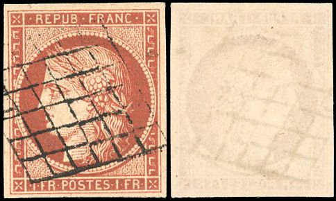 Null 1 Franc bermellón oscuro, tono "cobre", ligera cancelación cuadriculada, 4 &hellip;