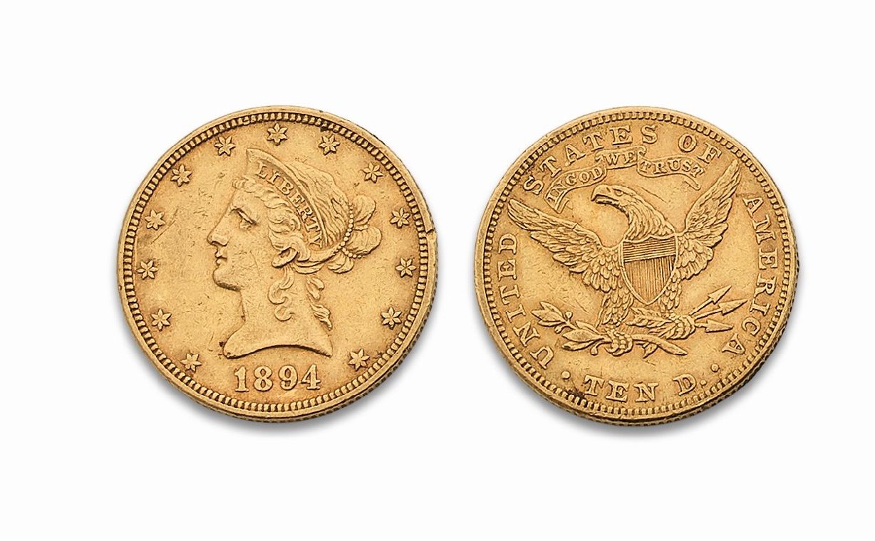 Null 美国。10美元自由币。1894年(Fr. 158)。边缘有切口，否则非常精美。