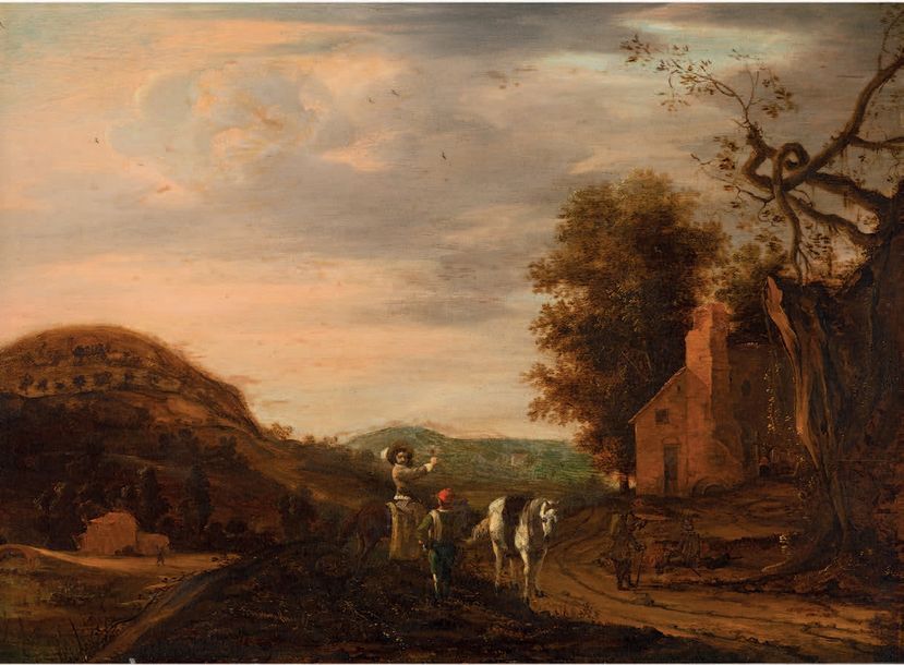 ECOLE HOLLANDAISE du milieu du XVIIe siècle Cavalier verre en main dans un paysa&hellip;