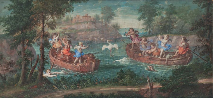 Ecole française fin du XVIIe siècle Amours en barque chassant à l'arc les hérons&hellip;