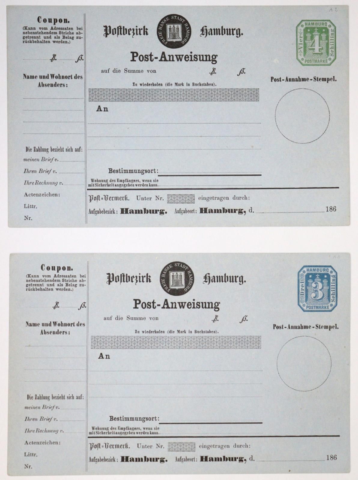 Ganzsachen, Hamburg 1866, mandats postaux. MI A 1a et Mi A 2 - Bon état. D