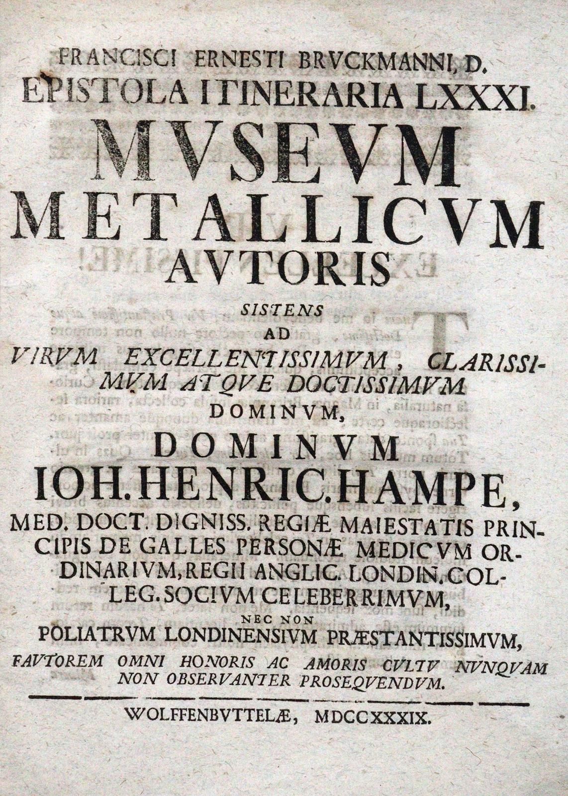 Brückmann,F.E. 博物馆 Metallicum autoris sistens ad virum....J.H. Hampe.Wolfenbütte&hellip;