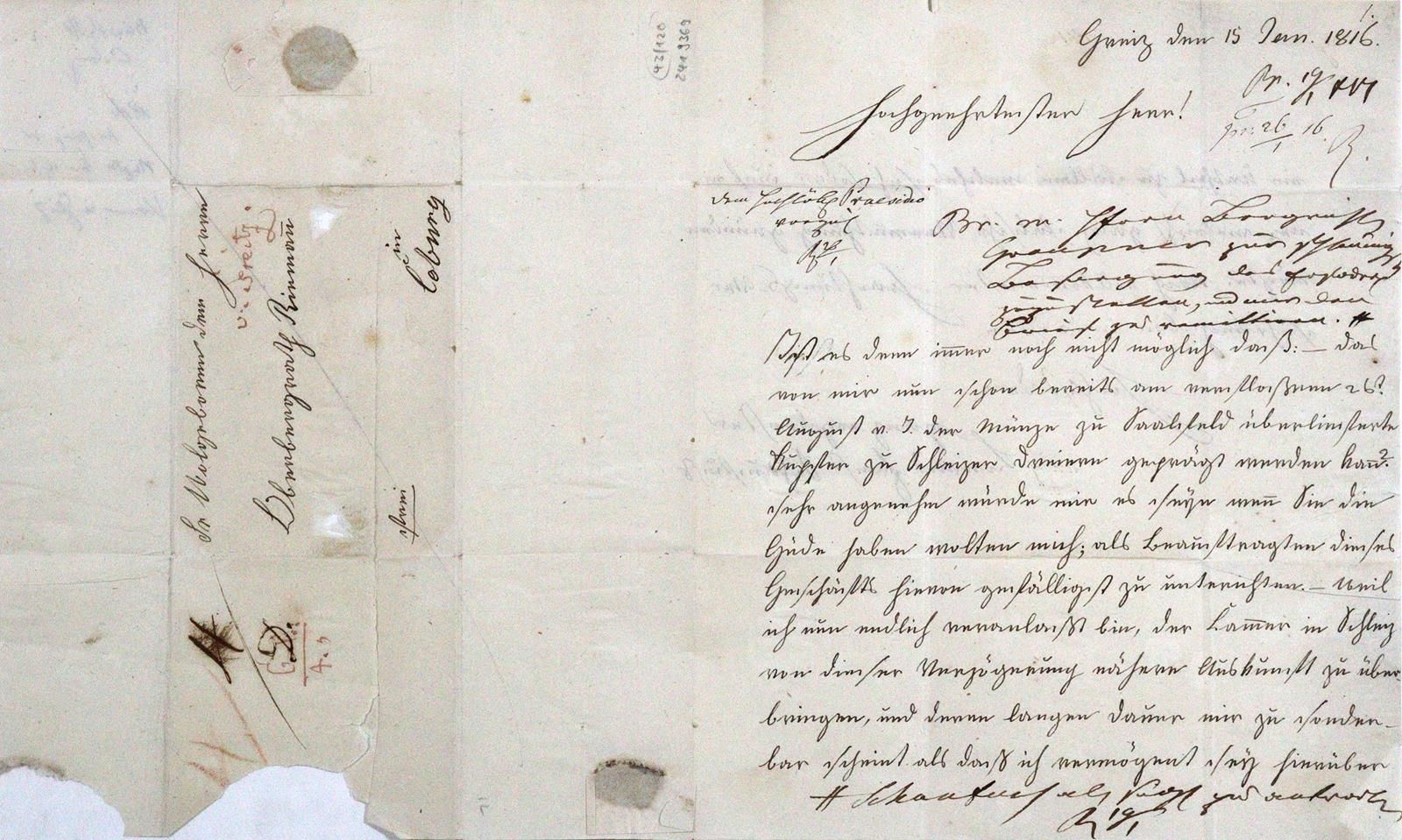 Schaufuß, Conrad Ernst. Eh. Carta con firma, dat. Greiz, 15 de enero de 1816. Gr&hellip;