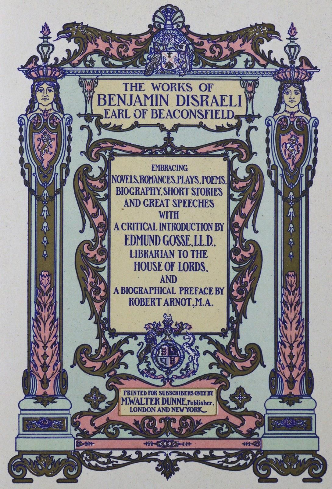 Disraeli,B. 作品。该系列的9卷（共20卷）。伦敦，邓恩（1904）。Gr.8°。附有一些彩图。红色旧板，带有鎏金圆点，角上有飞鸟。有角的圆角，镀金边&hellip;