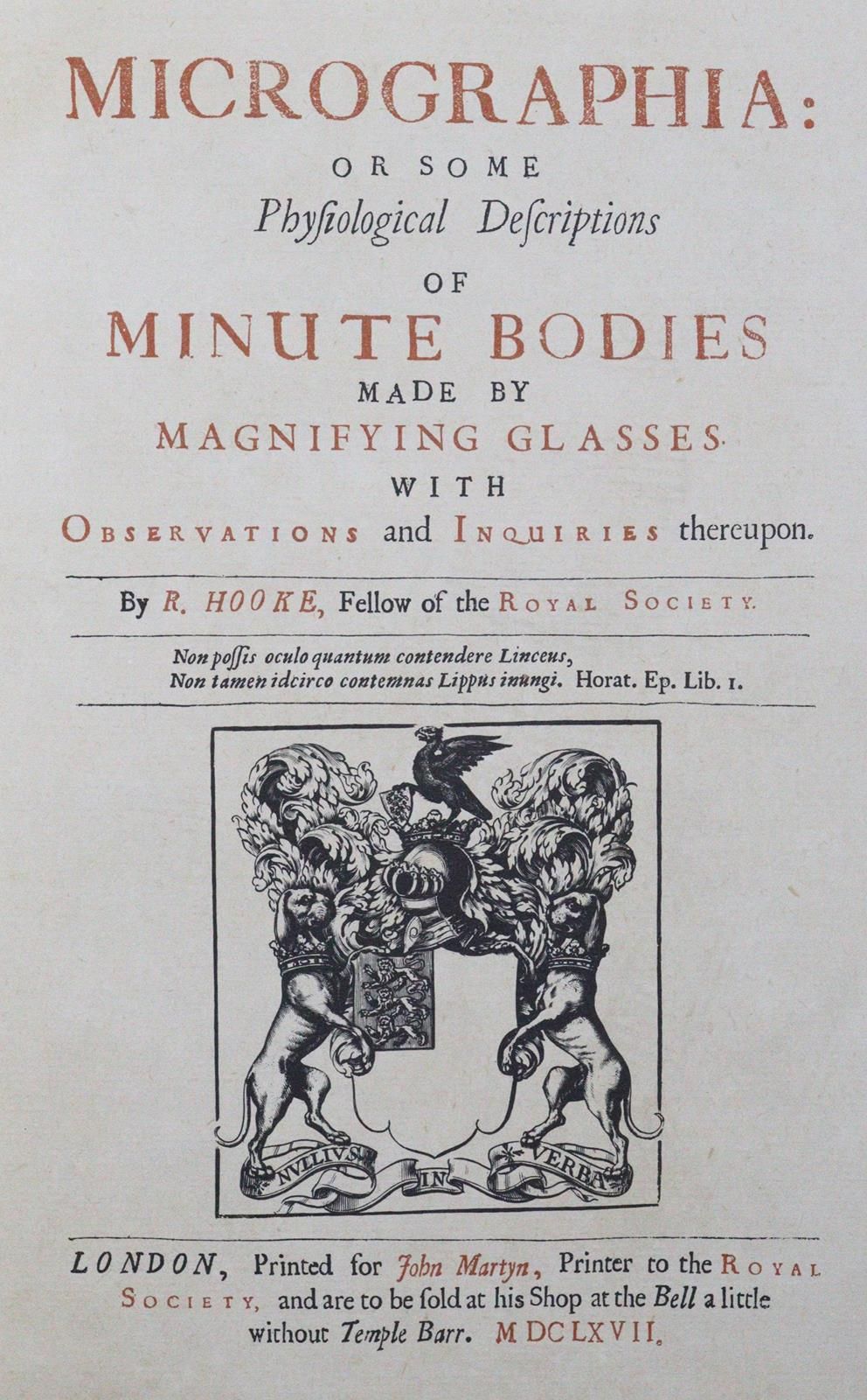 Hooke,R. 显微摄影；或用放大镜对微小物体进行的一些生理学描述，以及相关的观察和调查。伦敦1667年版的摹本，摹本和附带的小册子。Stgt., Editi&hellip;