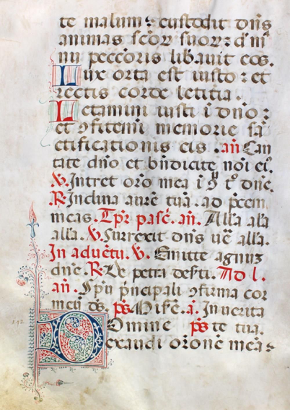 Missale. 双张羊皮纸上的拉丁文礼仪手稿，双面书写，约1400年。 文本为黑色和红色，19行，有20个单行的红色和绿色或蓝色和红色的缩写。红色和绿色或蓝色&hellip;