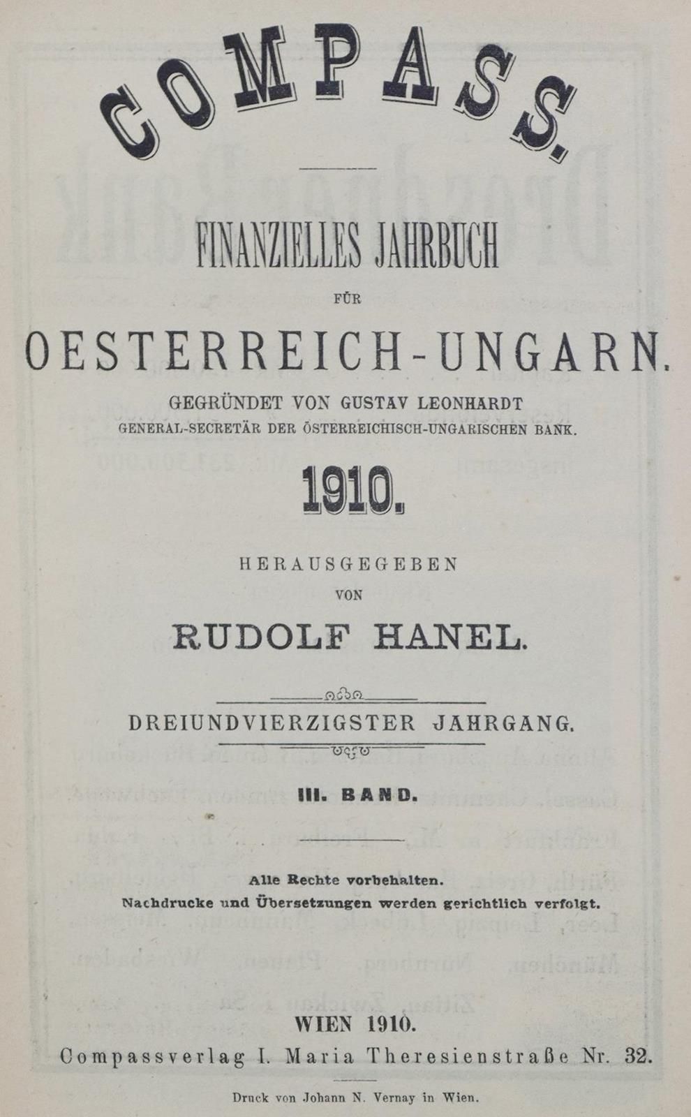 Compass. Finanzielles Jahrbuch für Oesterreich-Ungarn. 8 vols. D. Series. Vienna&hellip;