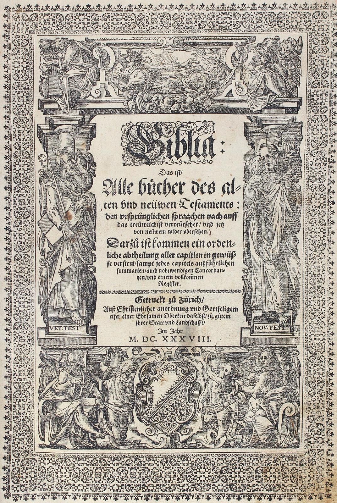 Biblia germanica. 圣经》即：新旧约的所有书籍。3卷，共1卷。苏黎世，（Bodmer）1638年。有2个木刻标题板和许多霍尔拜因的木刻版画。32&hellip;