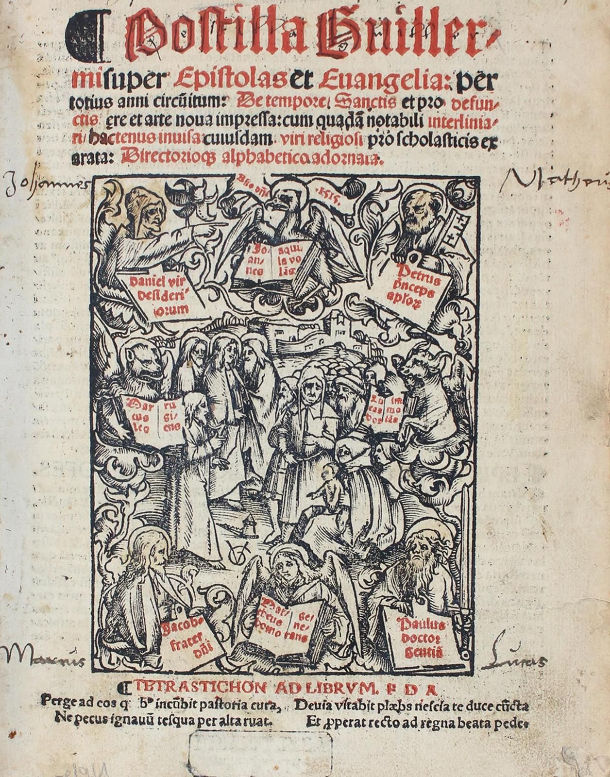 Guillelmus Parisiensis. 诗经》中的 "书信 "和 "福音"："历时一年的循环"。1卷中的2部分。标题上有2幅大型木刻画，1个带木刻边框的&hellip;