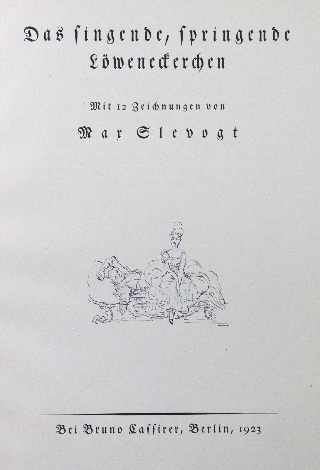 Slevogt,M. The singing, jumping little lion. Bln., Cassirer 1923. 4°. With 12 bl&hellip;