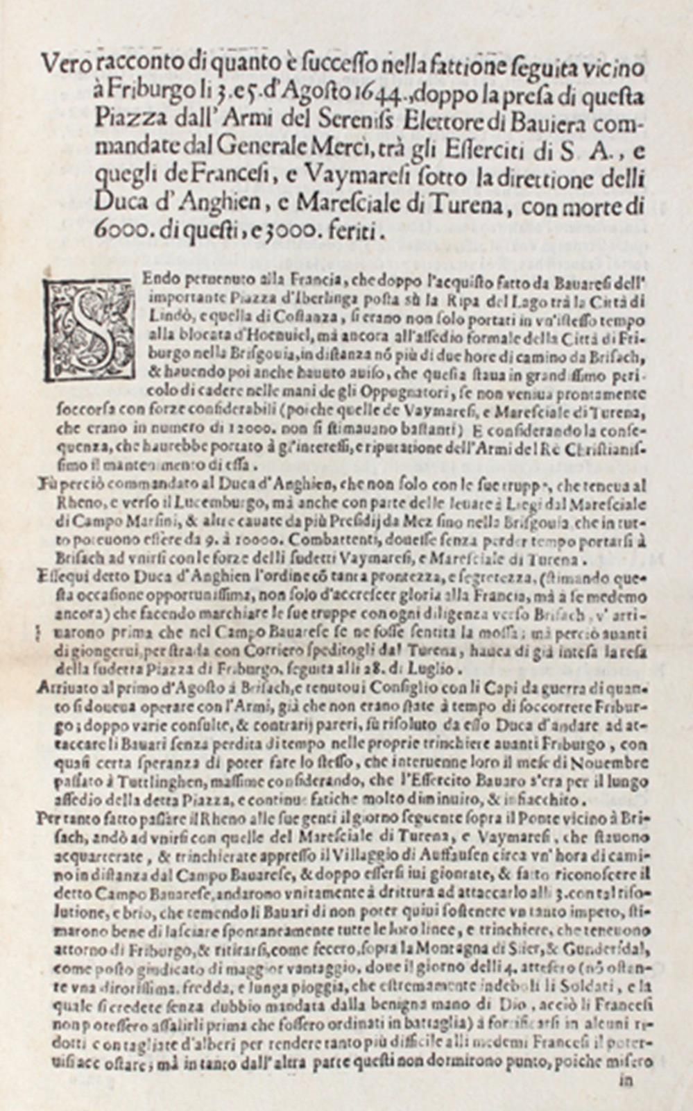 (Calenzano,P.G.). 关于1644年9月3日和5日在弗里布尔戈附近，由Merci将军指挥的Bauiera军团对该广场进行破坏后的成功故事....。&hellip;