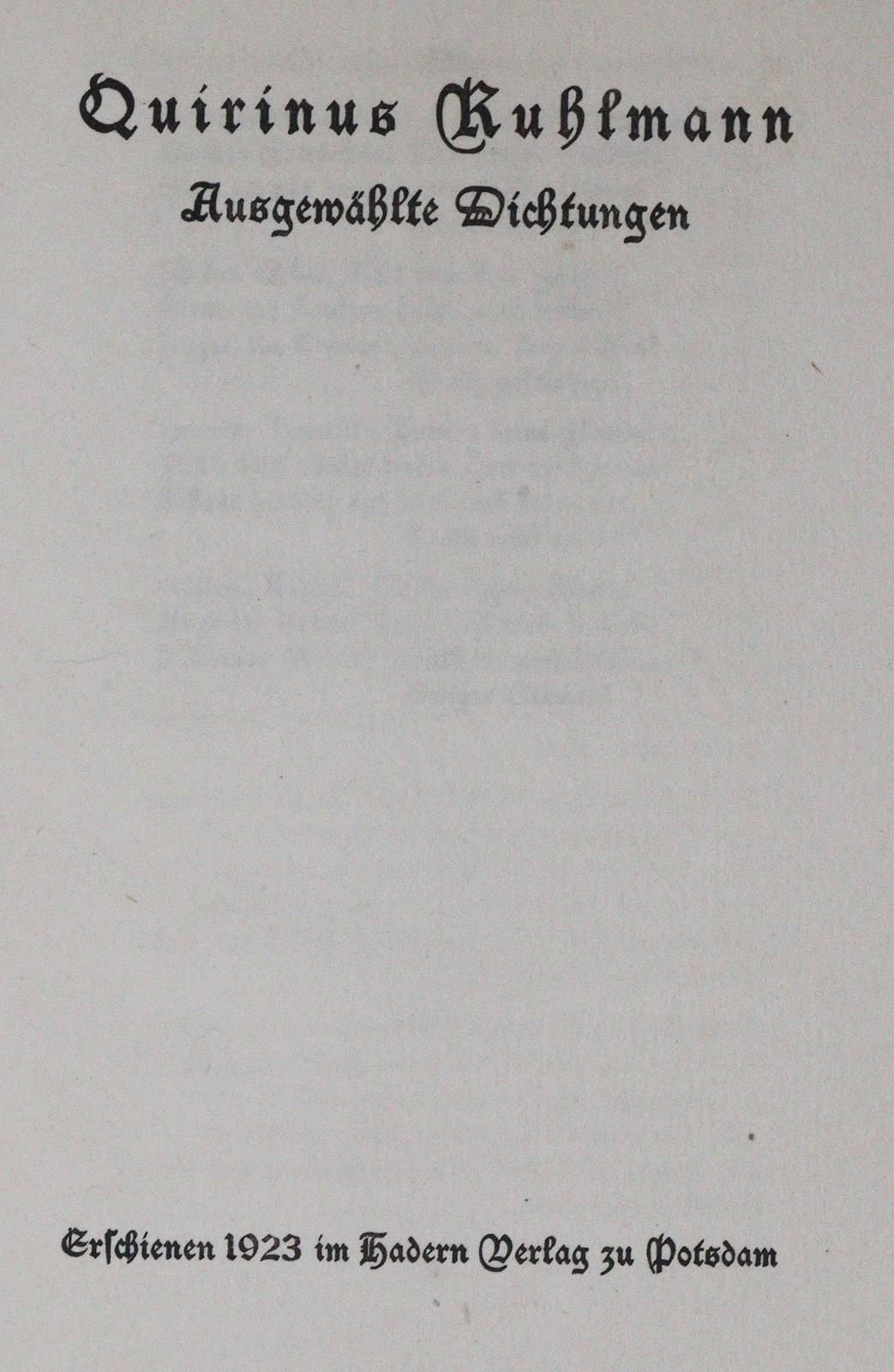 Kuhlmann,Q. Poèmes choisis. Potsdam, Hadern Vlg. 1923. 29 pp. Prgt. - Un des 500&hellip;