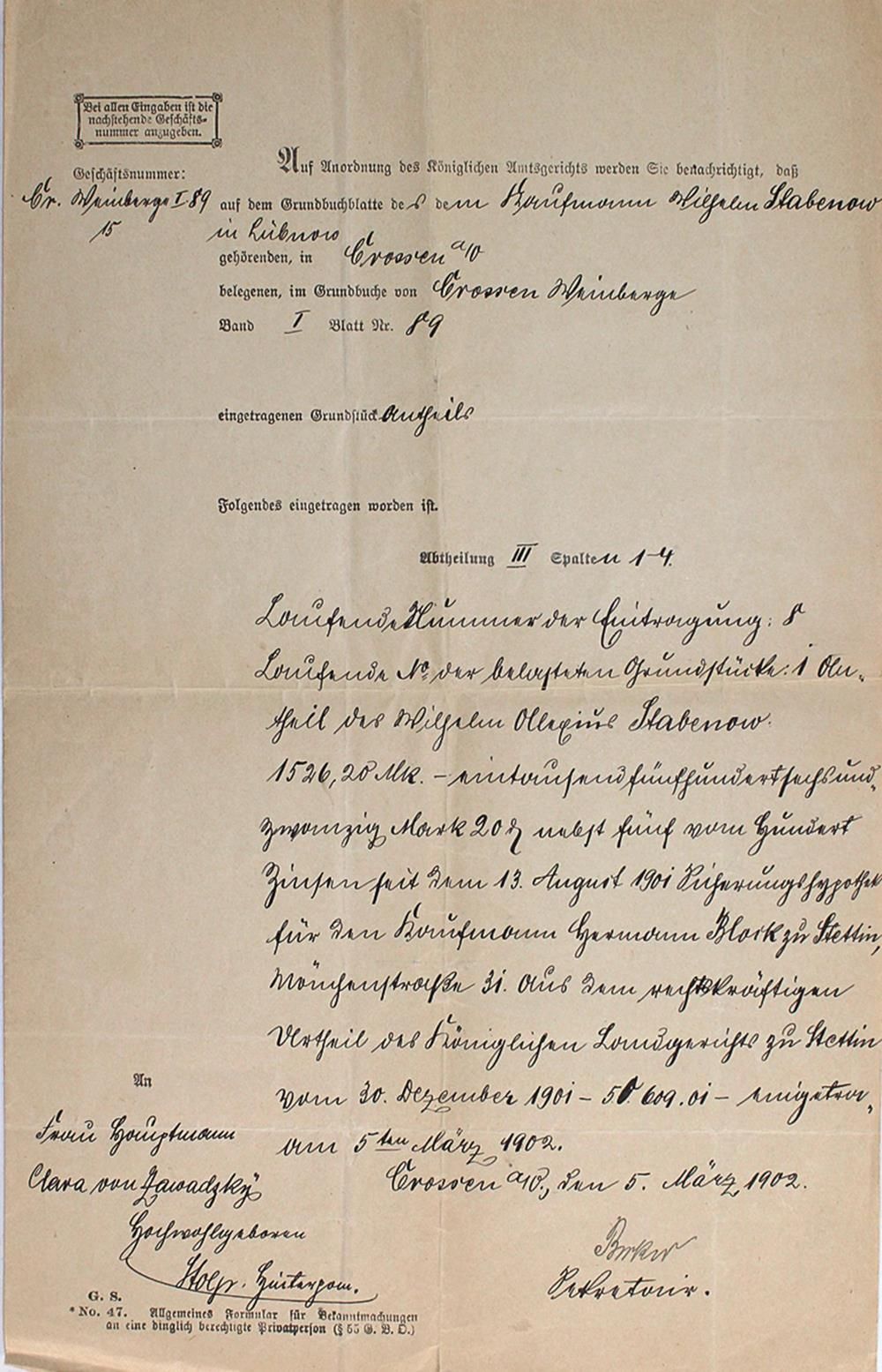 Zawadzky. Sammlung von 16 Bl. Dokumenten u.Ä., 1877-1916. Versch. Formate. Lose &hellip;