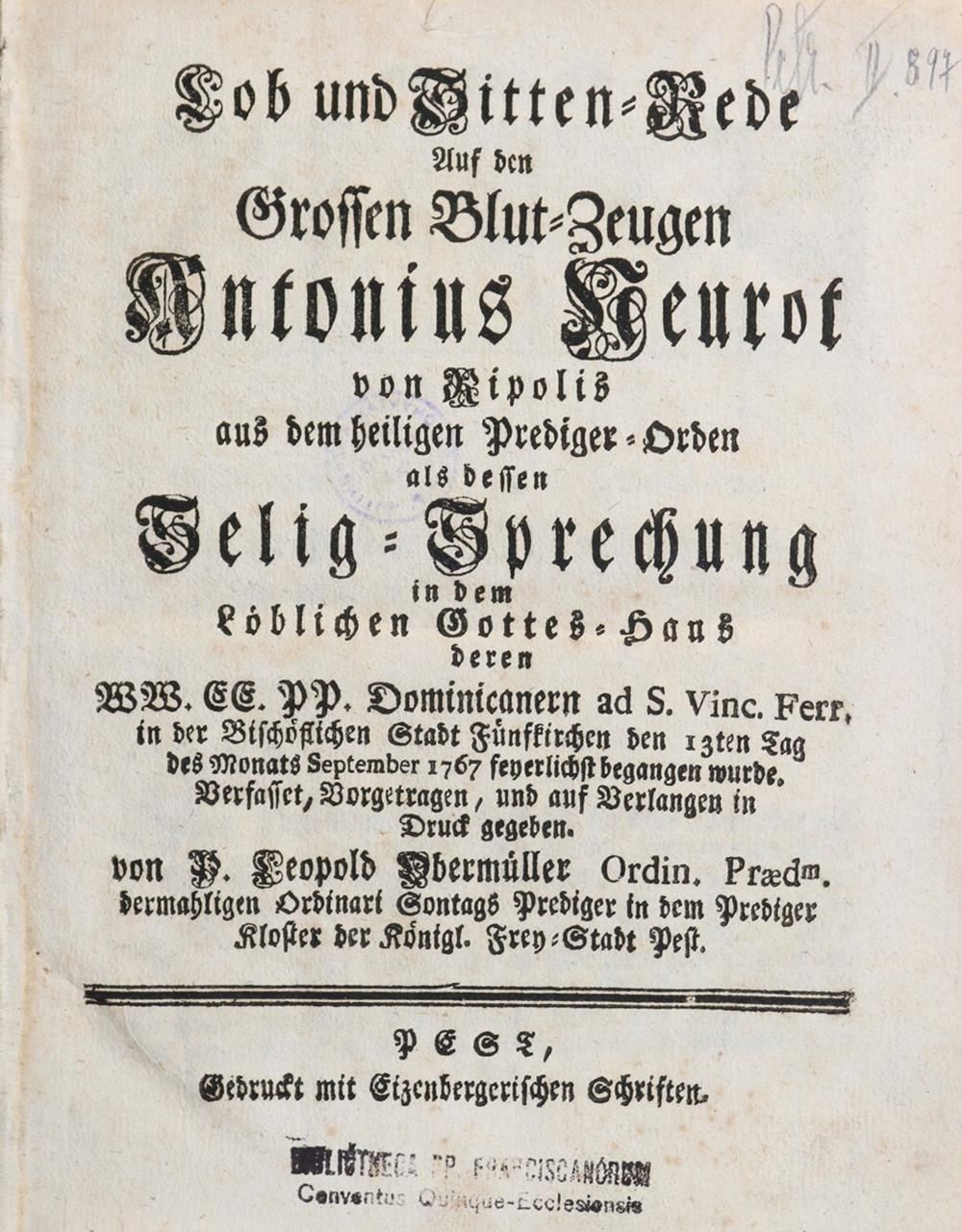Obermueller,L. Éloge et discours moral sur le grand témoin du sang Antonius Neur&hellip;