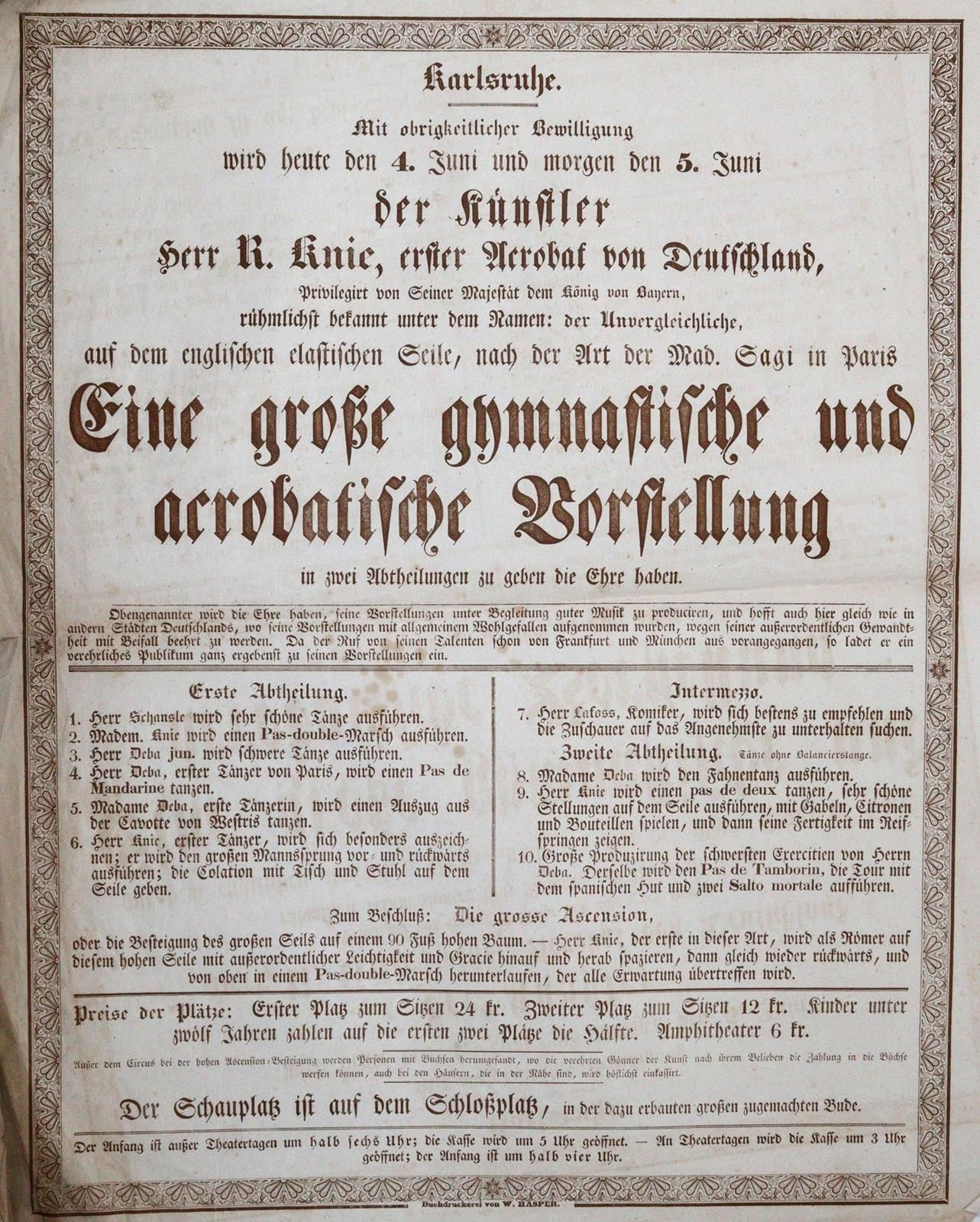 Karlsruhe. 在当局的允许下，艺术家R. Knie先生，德国第一位特技演员（......），以无与伦比的名字而闻名，今天将有幸在两个部分进行伟大的体操和&hellip;