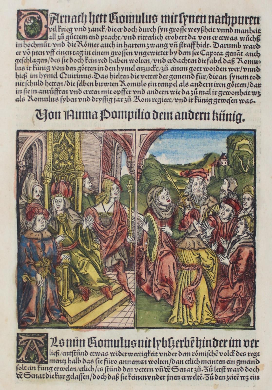 Livius. 第VI张，有3个颜色。木刻版画，出自《罗马历史》，J.Schoeffer著，美因茨1514年。在全书的页面上。4°.安装在推车上。 VD 16 &hellip;