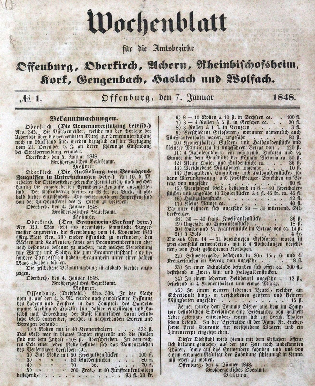 Wochenblatt 奥芬堡、上基尔希、阿赫恩、莱茵比肖夫斯海姆、科克、耿根巴赫、哈斯拉赫和沃尔法赫地区。奥芬堡，Otteni 1848年。Cl.4°。有许多&hellip;