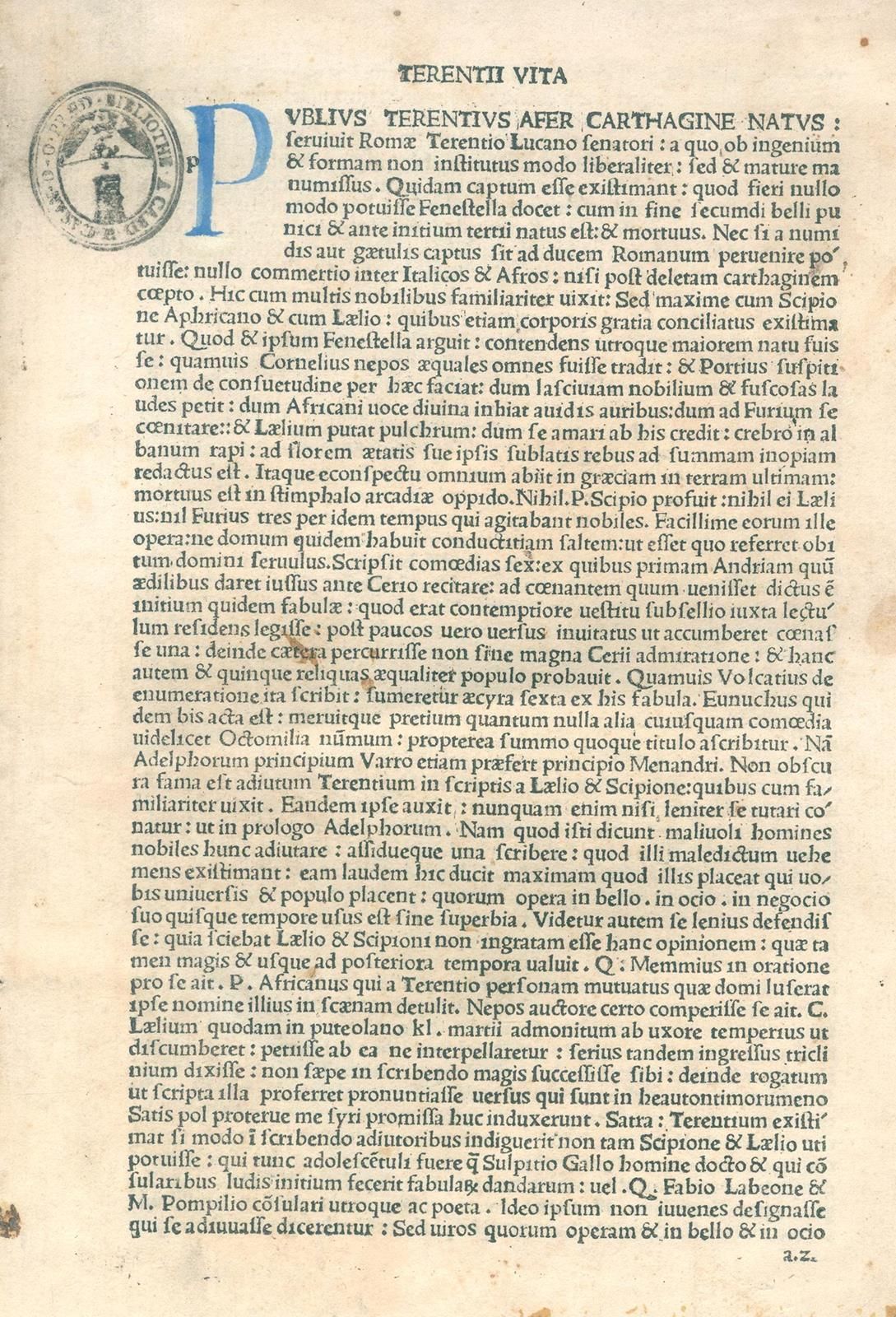 Terentius,A.P. Comoediae. Venecia, Jacobus Rubeus 25 de agosto de 1476. 4°. Con &hellip;