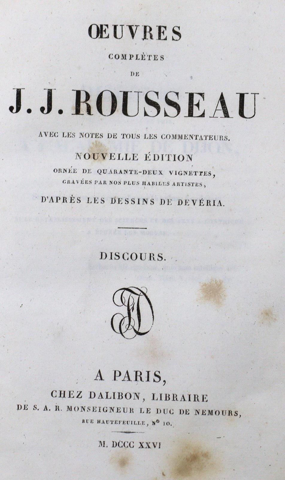 Rousseau,J.J. Oeuvres. 25 vols. Paris, Dalibon 1826. Zt. With gilt tit. (Partly &hellip;