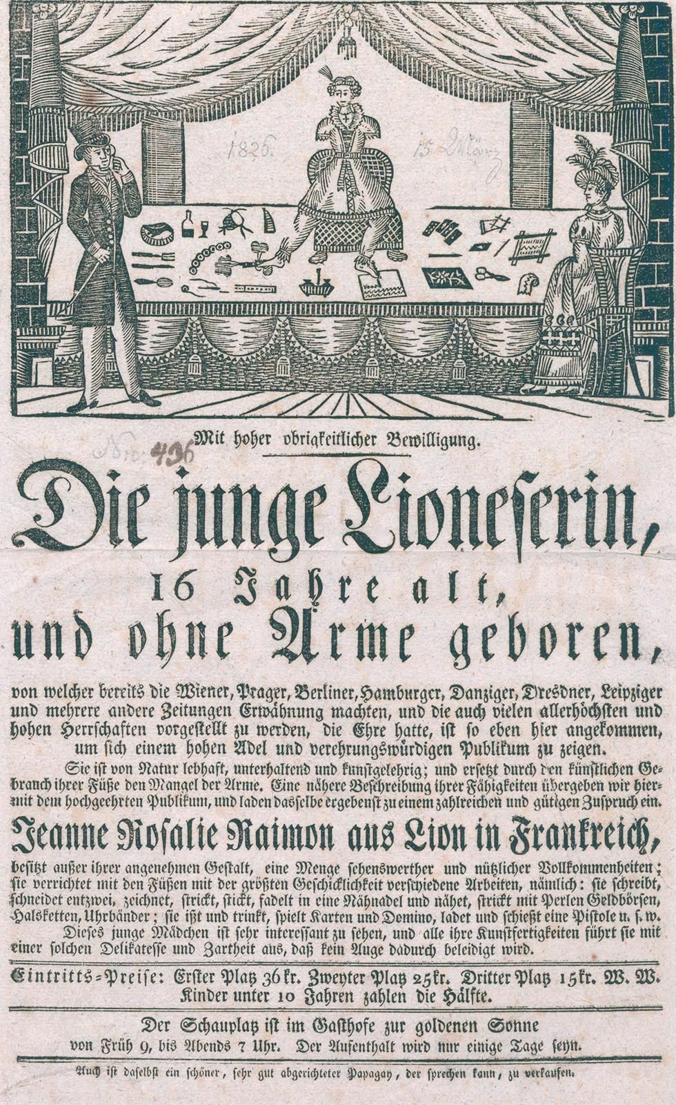 Junge Lioneserin, Die, 16岁，出生时没有武器....。单页印刷。O.O.，u.J.博士(1826?)。有1幅木刻版画。35 x 22厘米&hellip;