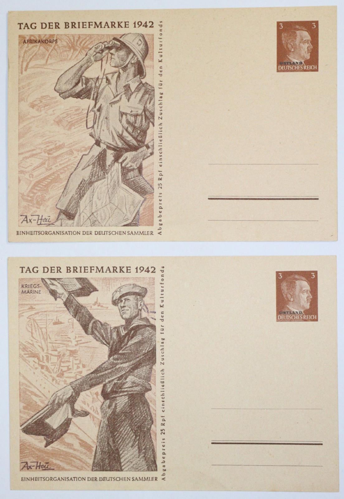 Postkarten, 德意志帝国，全部未使用，状况非常好。4张明信片 "Tag der Briefmarke 1942", Ostland , 8张明信片 "&hellip;