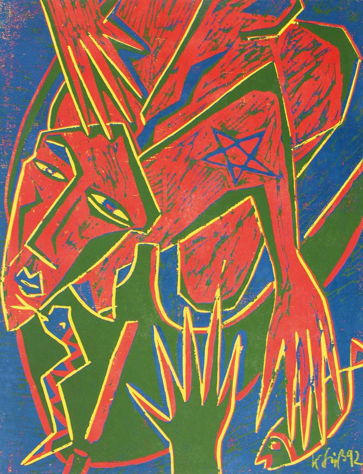 Süß,K. 船（封面标题）。5张彩色油印作品集（Verlorene Form，手印），均有签名和日期，1992年自行出版，qu.Imp.Fol.装在带标志的纸&hellip;