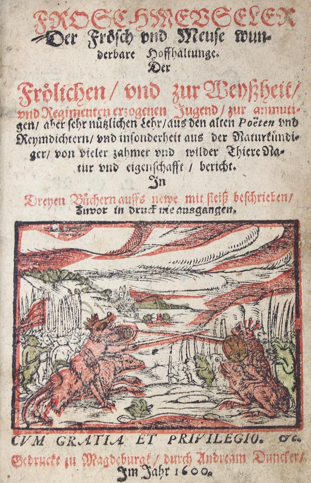 (Rollenhagen,G.). 蛙人的朋友。青蛙和老鼠的美妙希望。在重新描述的三本书中。马格德堡，A.邓克尔，1600年。395（而不是398）页，有黑红色&hellip;