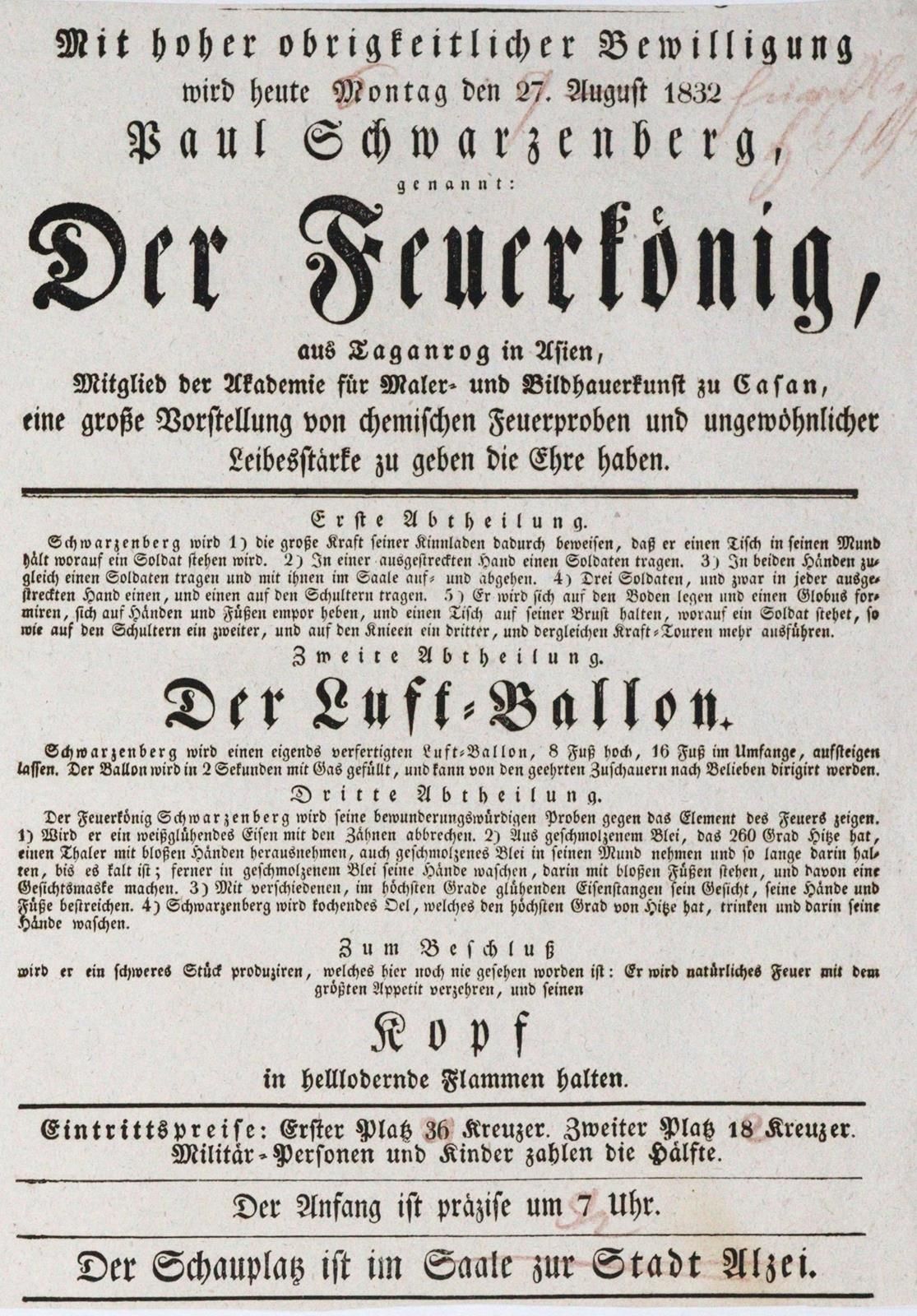 Mit hoher obrigkeitlicher Bewilligung 今天，1832年8月27日星期一，被称为火王的保罗-施瓦辛格（......）将有幸为&hellip;