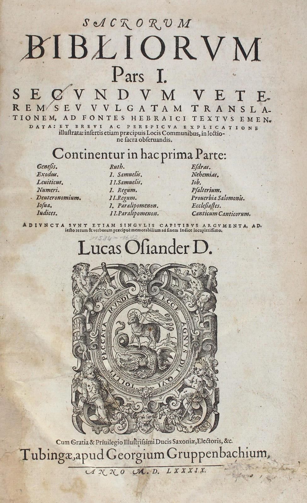 Osiander,L. Sacrorum Bibliorum Pars I. Secundum Veterem Seu Vulgatam Translation&hellip;
