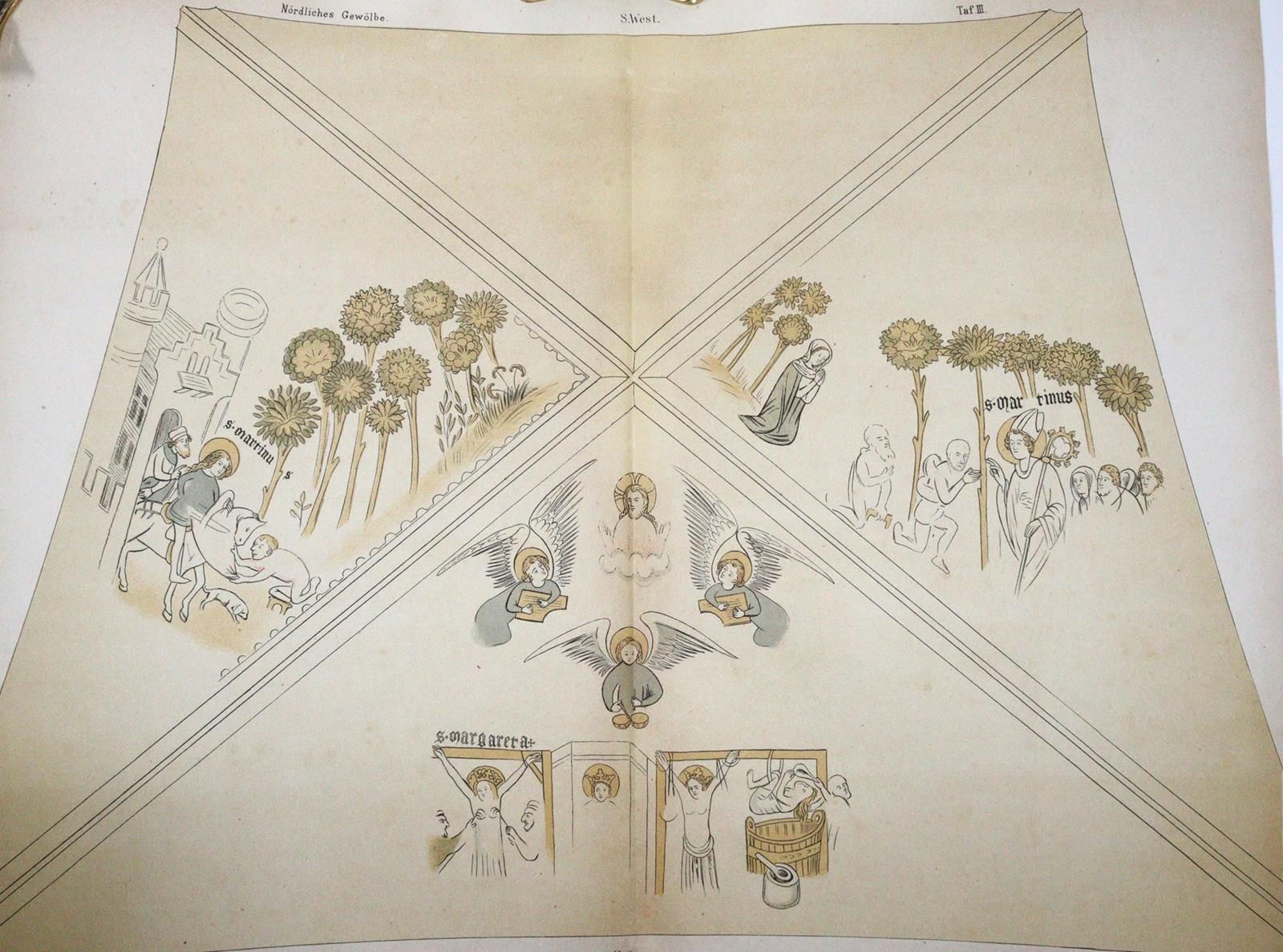 Bernoulli,A. 巴塞尔大教堂地下室的天花板绘画。巴塞尔，Detloff 1878。附有7张彩色石版（其中3张是对开的，）。10页，1页。文本小册子和1&hellip;