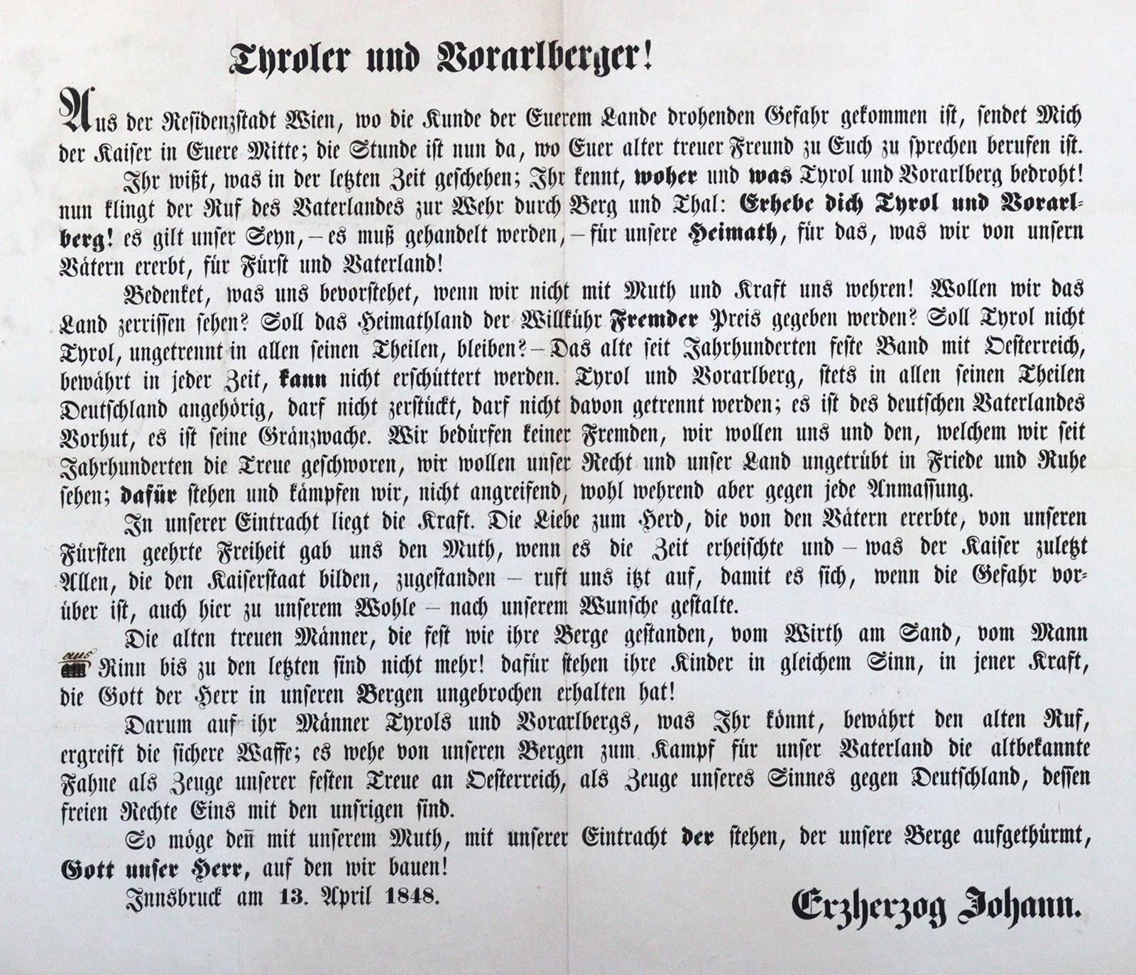 Wünsche der Tiroler 1848年的国会，由Felician Rauch印刷在一张纸上，（Innsbruck）1848年的对开页。(字体面积35&hellip;