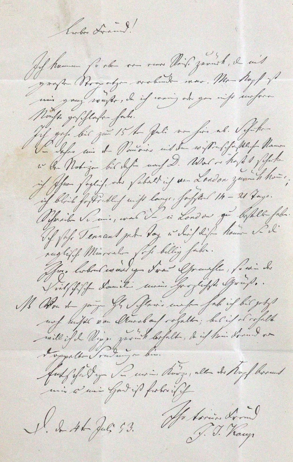 Kaup, Johann Jakob, Paläontologe u. Zoologe (1803-1873). Eh. Brief mit Unterschr&hellip;