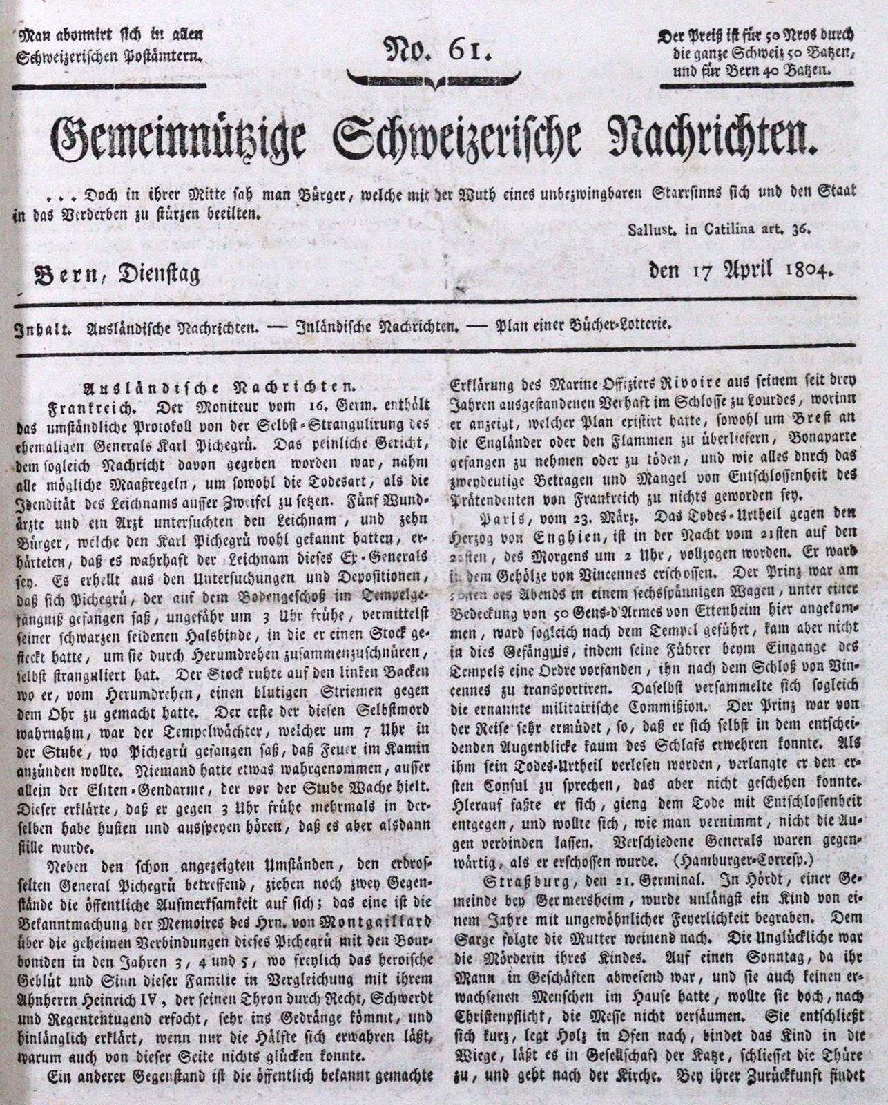 Gemeinnützige Schweizerische Nachrichten. Jg. 1804. Bern 1804. Kl.4°. 728 S. Mod&hellip;