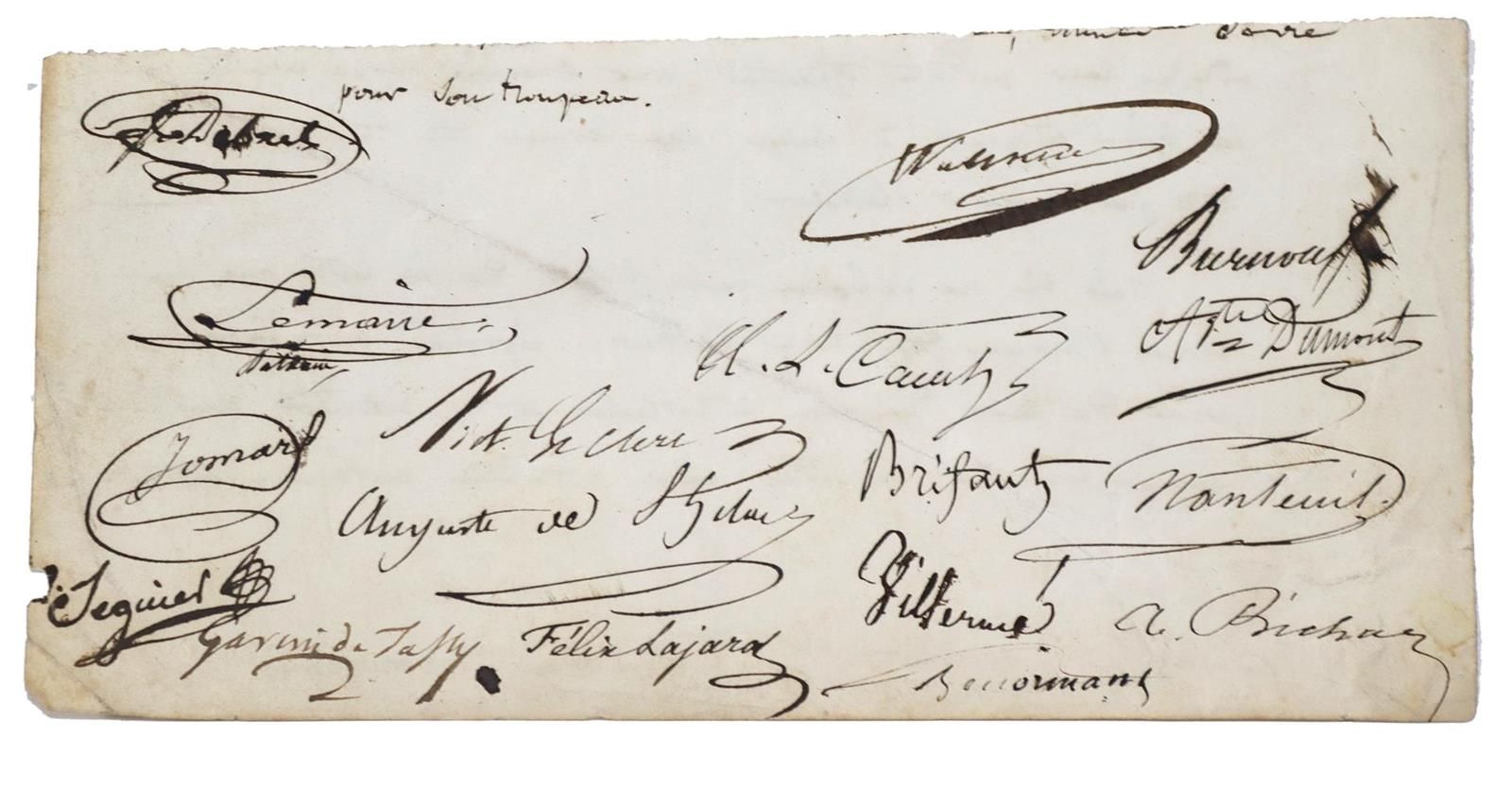 Blattfragment with 16 autograph. Signatures of prominent French persons, about 1&hellip;