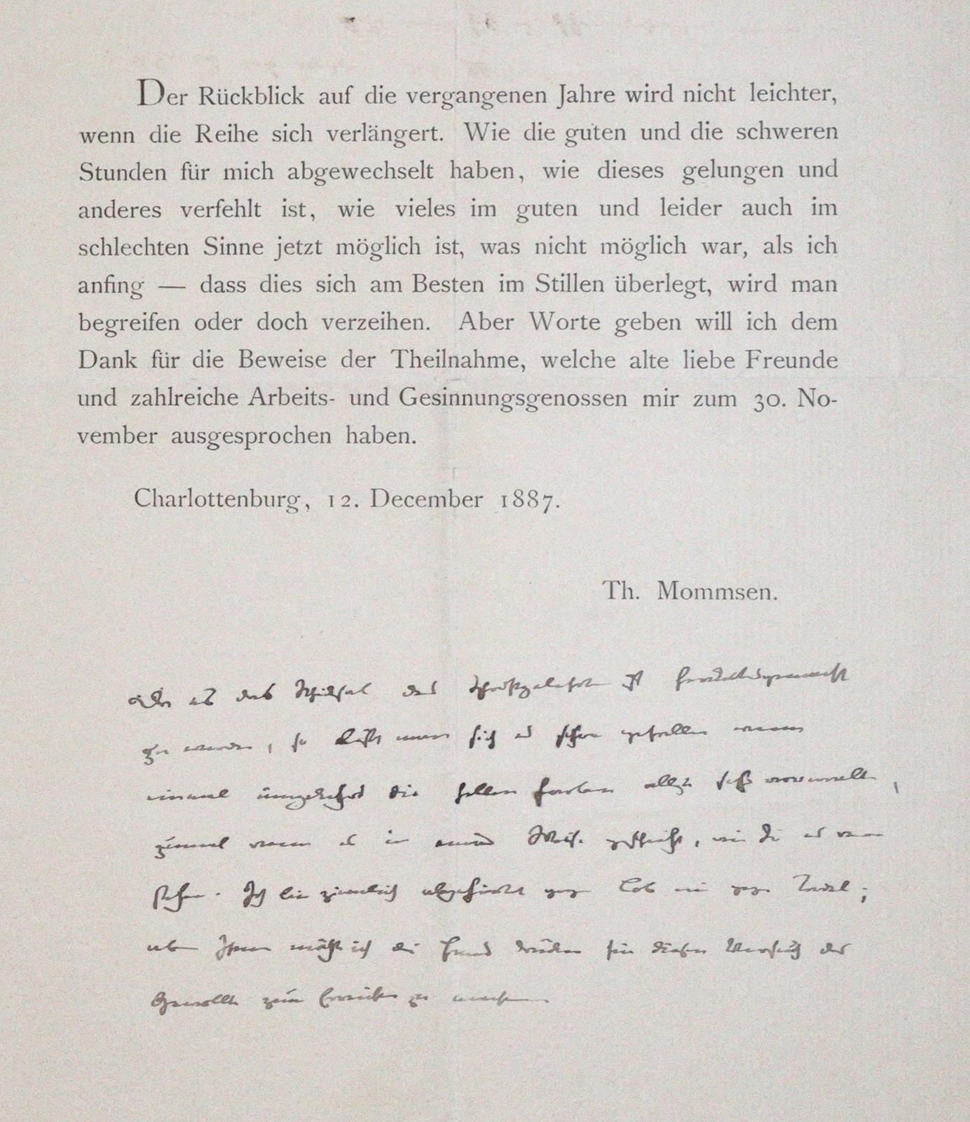 Mommsen, Theodor, Historiker u. Nobelpreisträger (1817-1903). Gedr. Danksagung m&hellip;