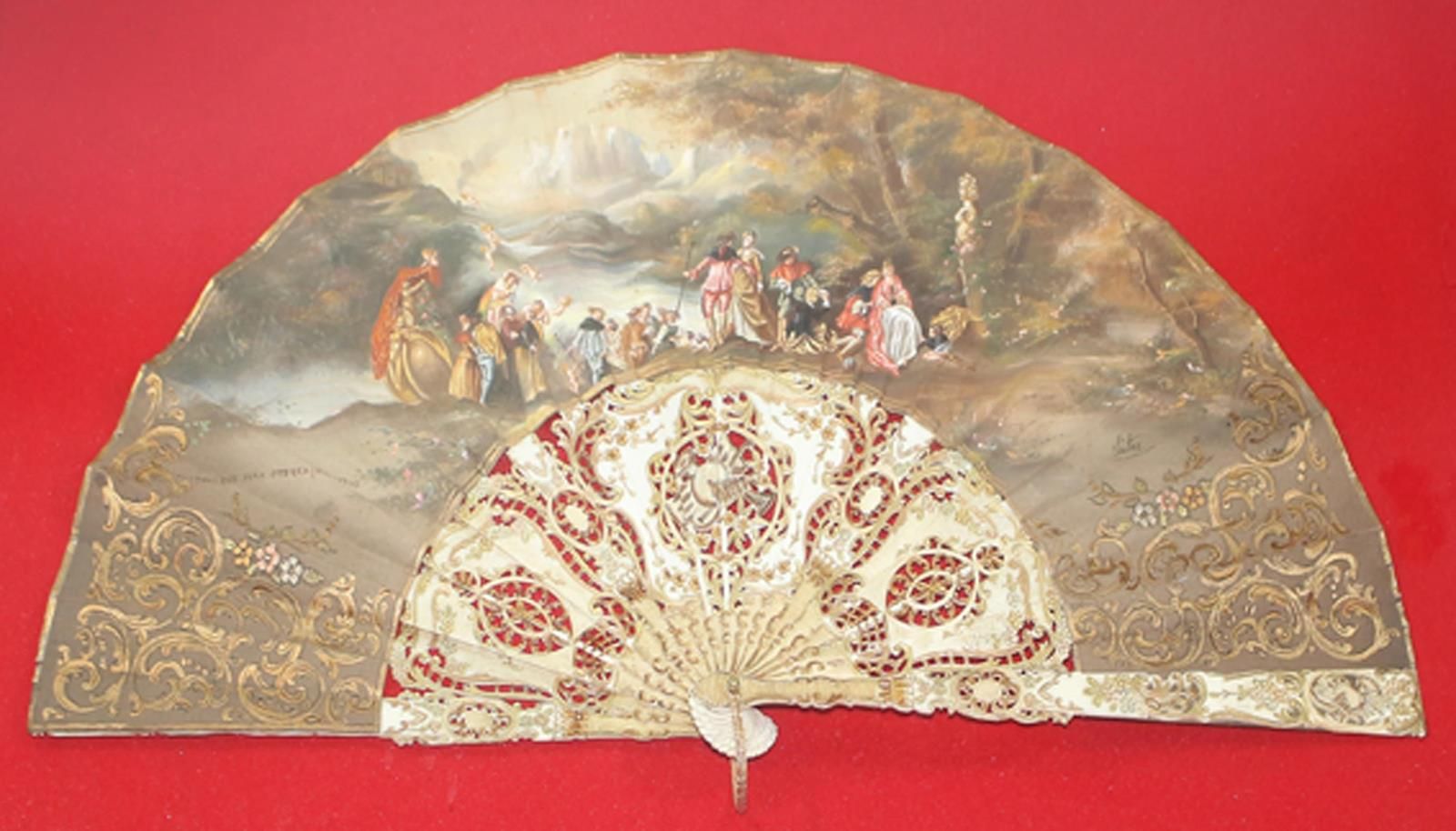 Fächer 19.Jh. With painting after Watteau. Fan probably bone, painted a. Sawn. L&hellip;