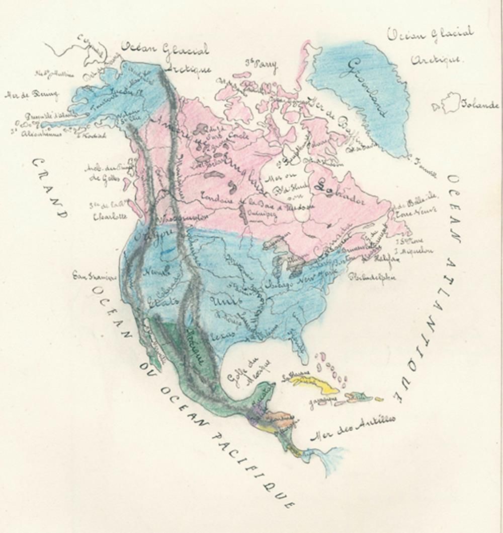 Sammlung 的3个地图集与彩色。图纸。弗兰兹。纸上手稿。各种各样的。装订。 含有：╗ 3-e Classe, Geographie L'Amerique,&hellip;