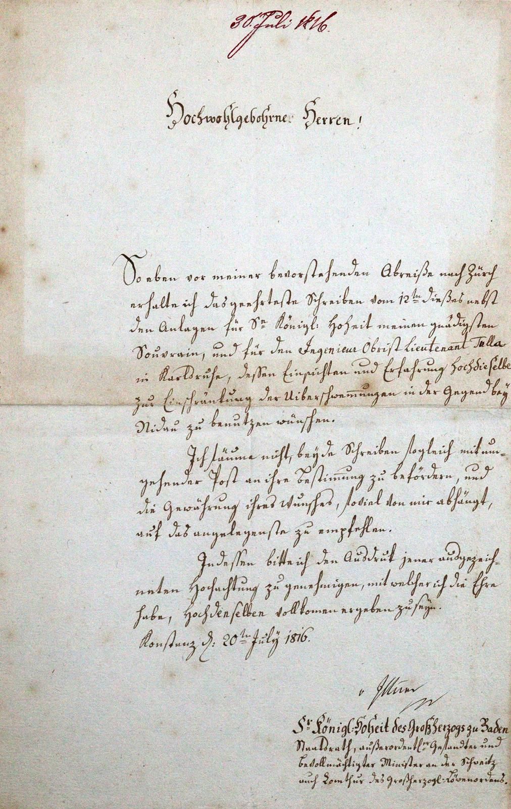 Ittner, Joseph Albrecht von, 作家、法学家a. 巴登外交官（1754-1825）。信与诶。签名，日期。康斯坦茨，1816年7月20日&hellip;