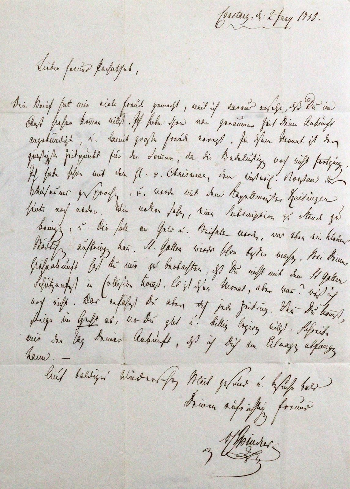 Spindler, Karl, 作家（1796-1855）。Eh.签名和日期的信。康斯坦茨，1838年6月2日，4°。2页，其中1页有题词。几折。 对大H.Ba&hellip;