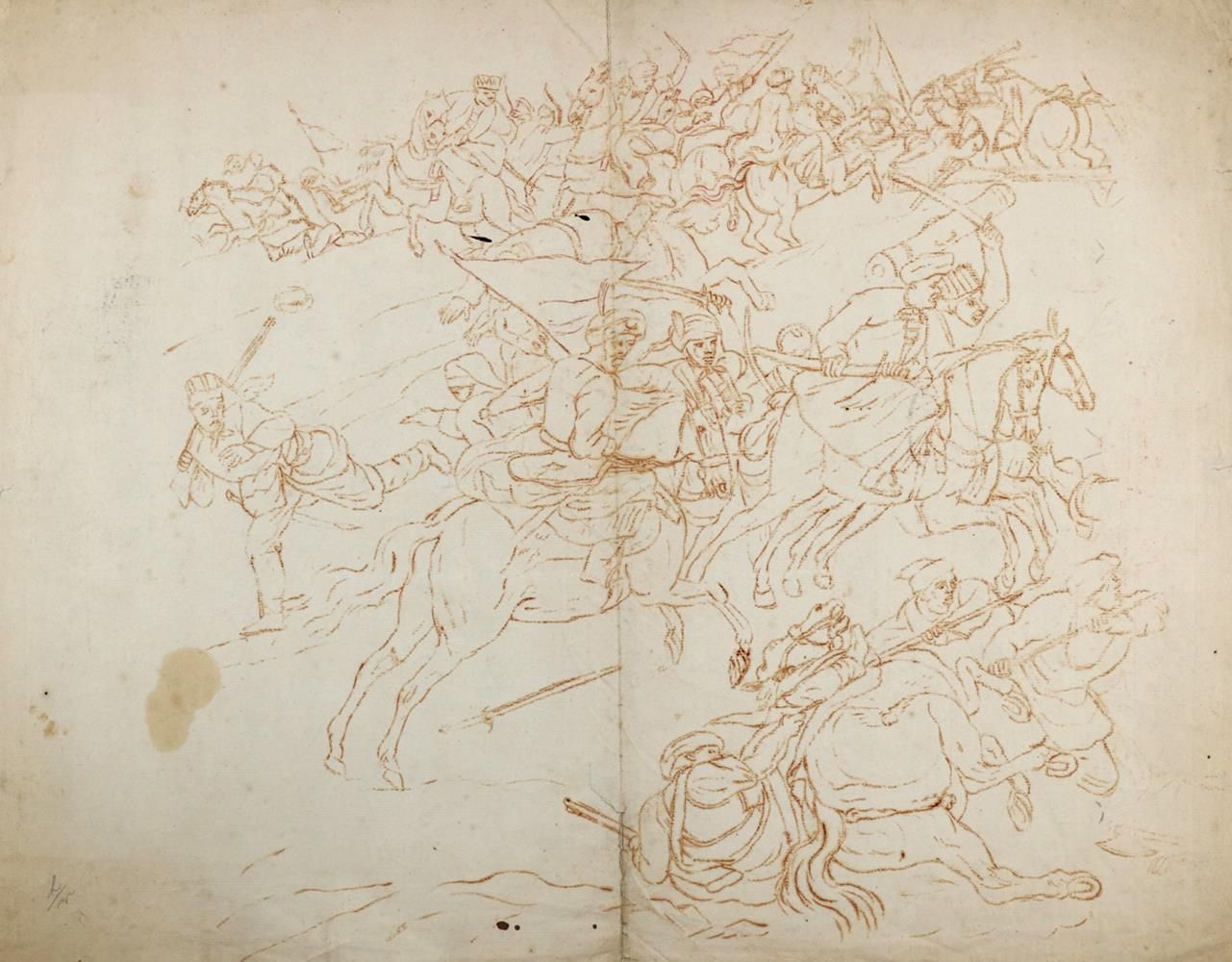 Rugendas, zugeschrieben. 攻击土耳其军队。手工纸上的红色粉笔，18世纪，43 x 53厘米。中页。背面有铅笔题字。G.Ph.Rugend&hellip;