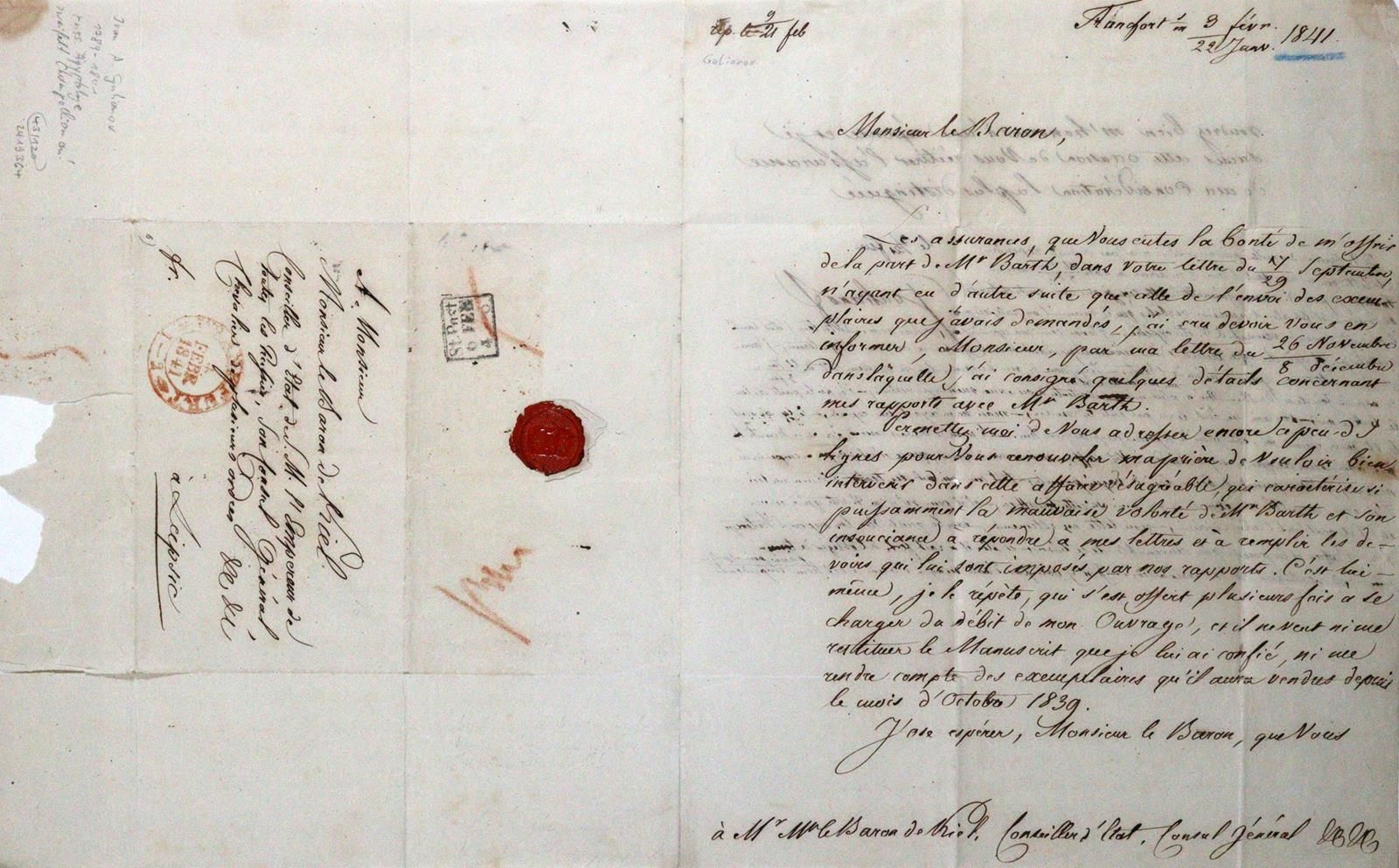 Gulianov, Ivan, 俄罗斯埃及学家和作家（1789-1841）。Eh.有签名的信，日期。法兰克福a/M. 1841年2月3日/1月22日，Gr.8°&hellip;