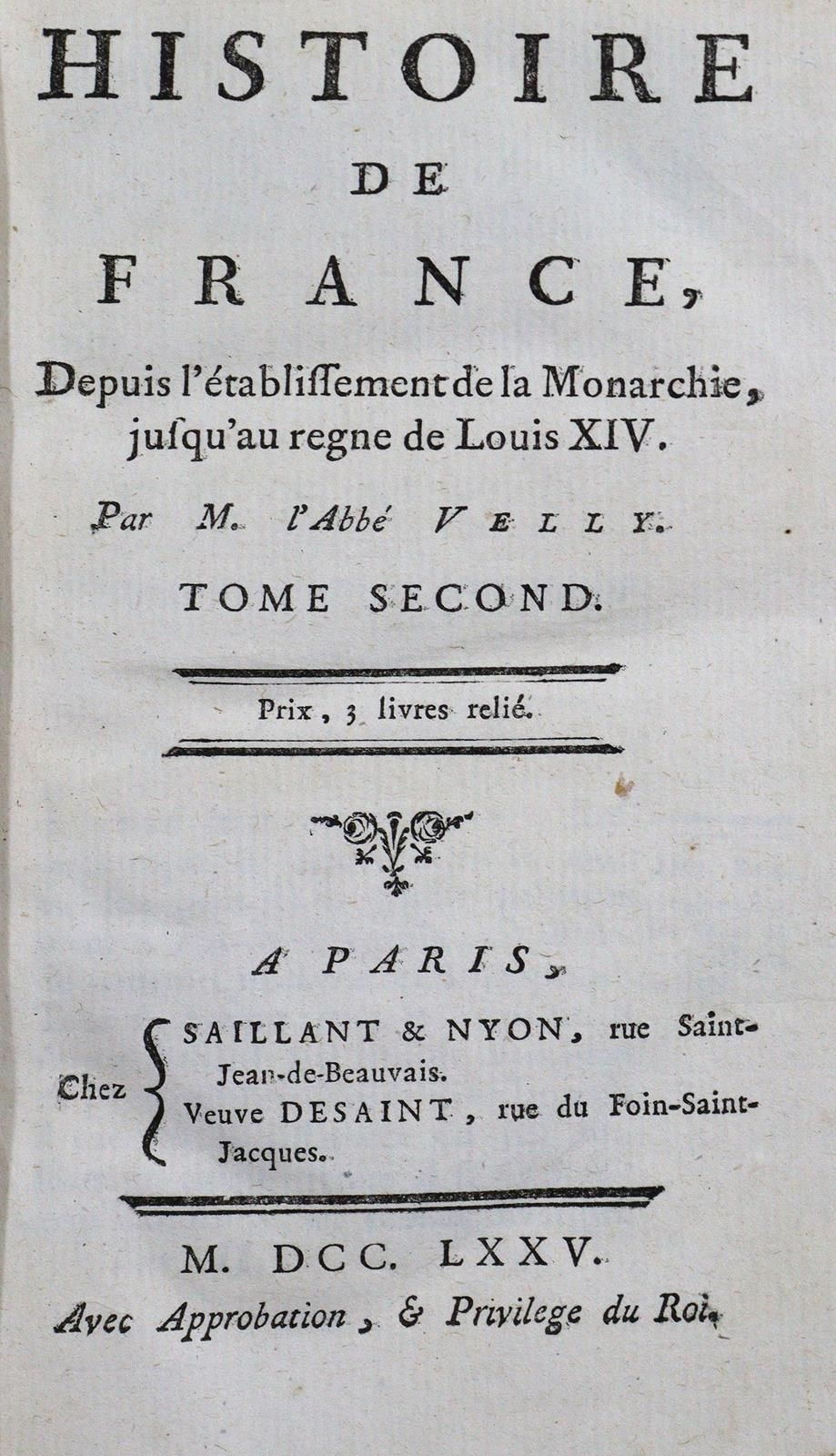 Velly,P.F. 法国历史，从建立君主制开始，到路易十四统治时期，共30卷。系列。巴黎1775年以下。Ldrbde. D.有R.镀金（最好的。和擦伤，部分有&hellip;