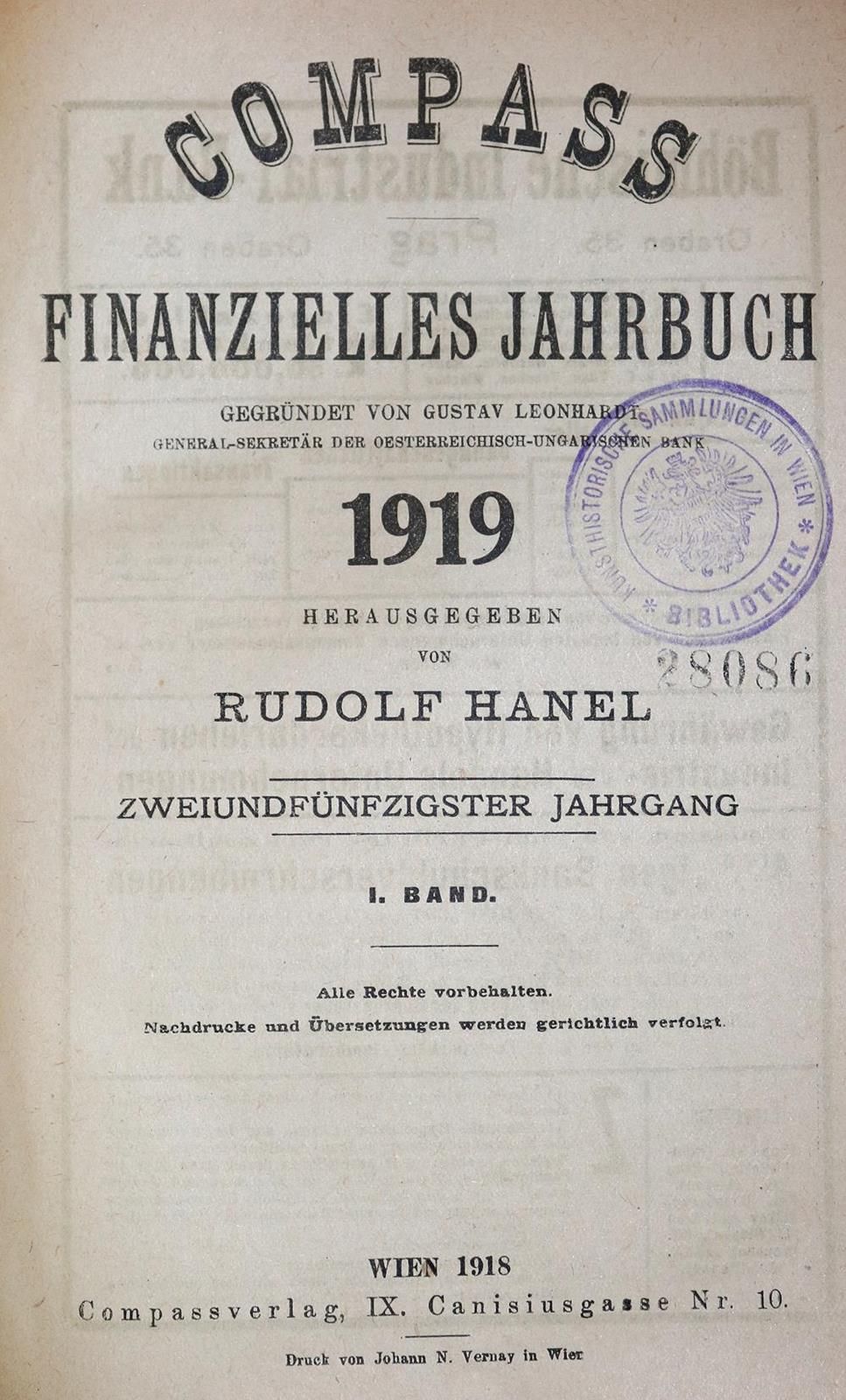 Compass. Oesterreich-Ungarn的金融年鉴。1919年，52.JG.TLE。1-5共4卷。维也纳，Compassvlg.1918.Olwd&hellip;