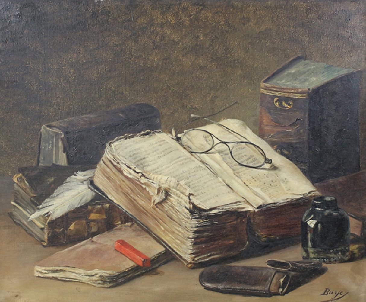 Baye, Adolphe. "Natura morta con libri e occhiali". Olio su tela. Firmato in bas&hellip;