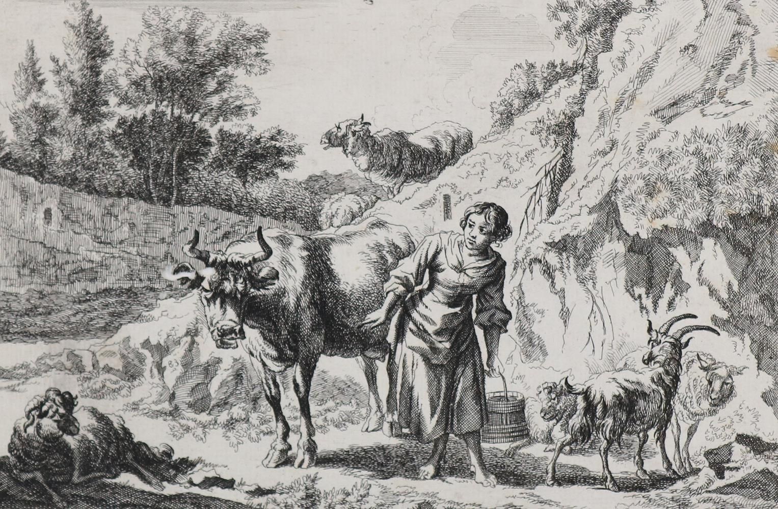 Baeck, Elias gen. Heldenmuth (1679年 奥格斯堡 1747年)。牧羊女拿着水桶，周围是羊群 a. 一头乳牛。手工纸上的铜版画，水&hellip;