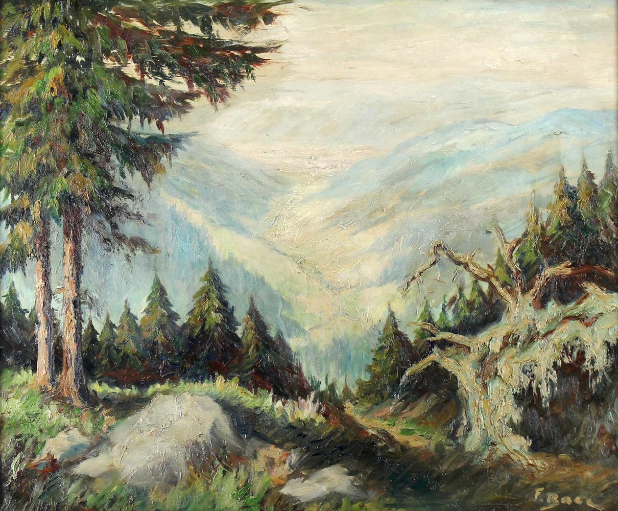 Baer, Fritz (1850 Munich - Pasing 1919). Alpine landscape with a glacier. Oil on&hellip;