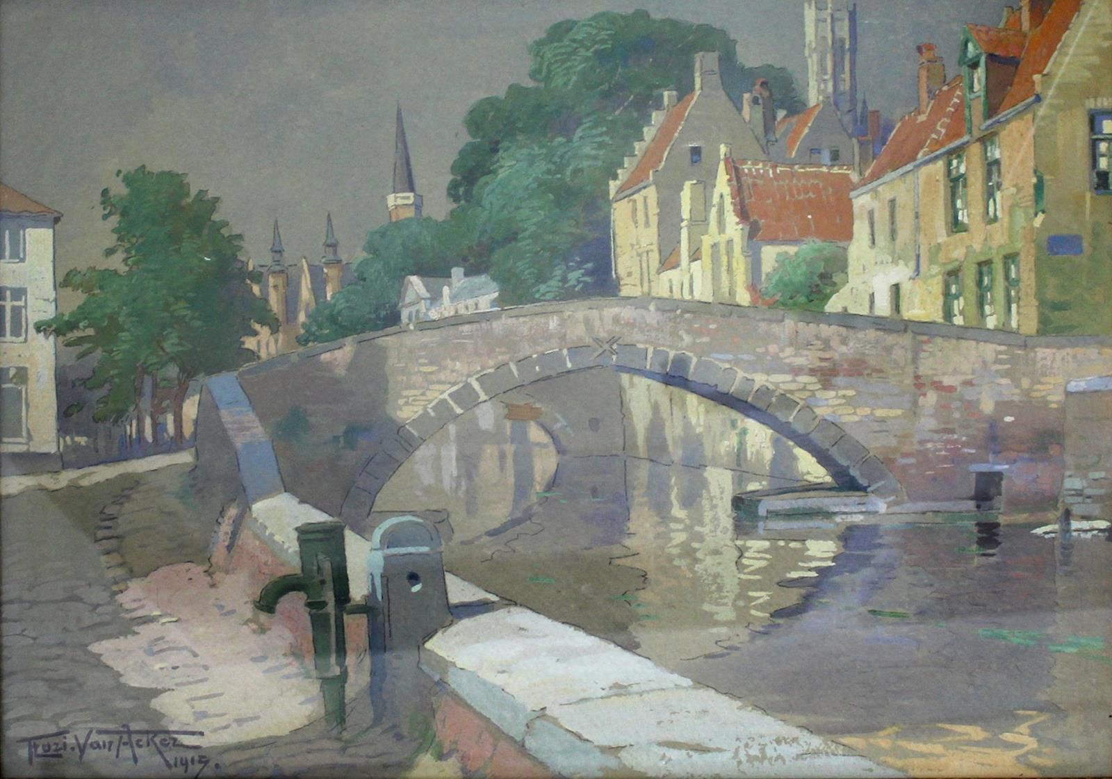 Acker, Florimond Marie van (1858年布鲁日1940年)。比利时的城市景观，有河流和桥梁。纸上水彩画，1919年，约38 x 48厘&hellip;