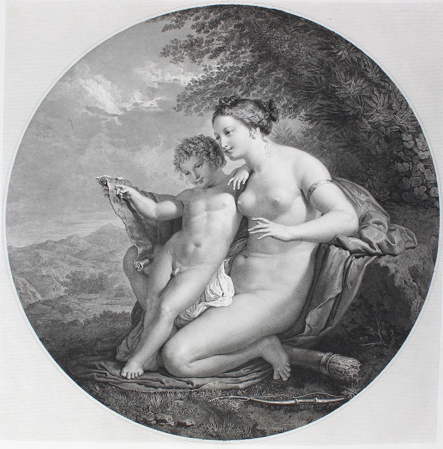 Anonym. 维纳斯和丘比特。铜版画。18世纪。80,5 x 62,4厘米。白边有轻微的污点。 R