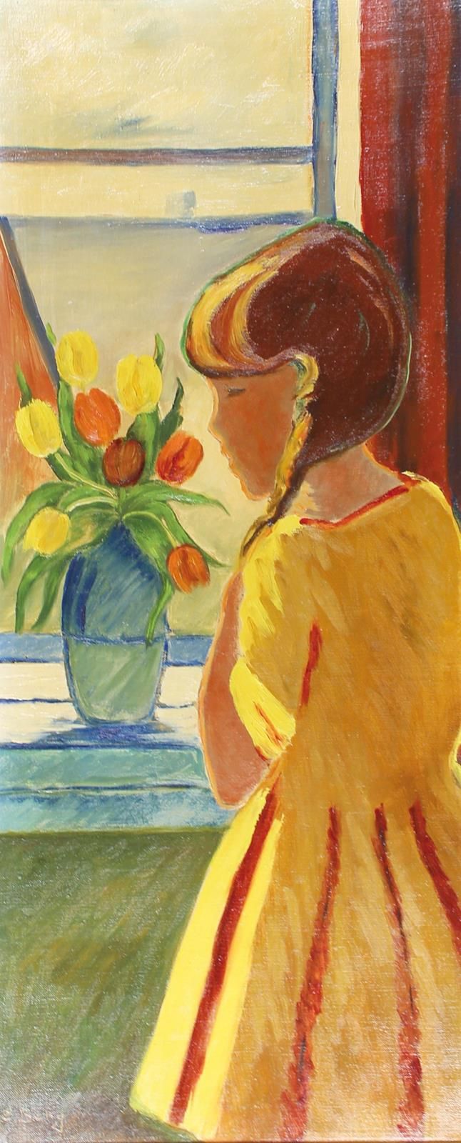 Berg, Else (1877年拉蒂博尔-1942年奥斯威辛-比克瑙）。)女孩拿着郁金香花瓶站在窗前。布面油画，80 x 32厘米。左下方有签名。"E.Ber&hellip;