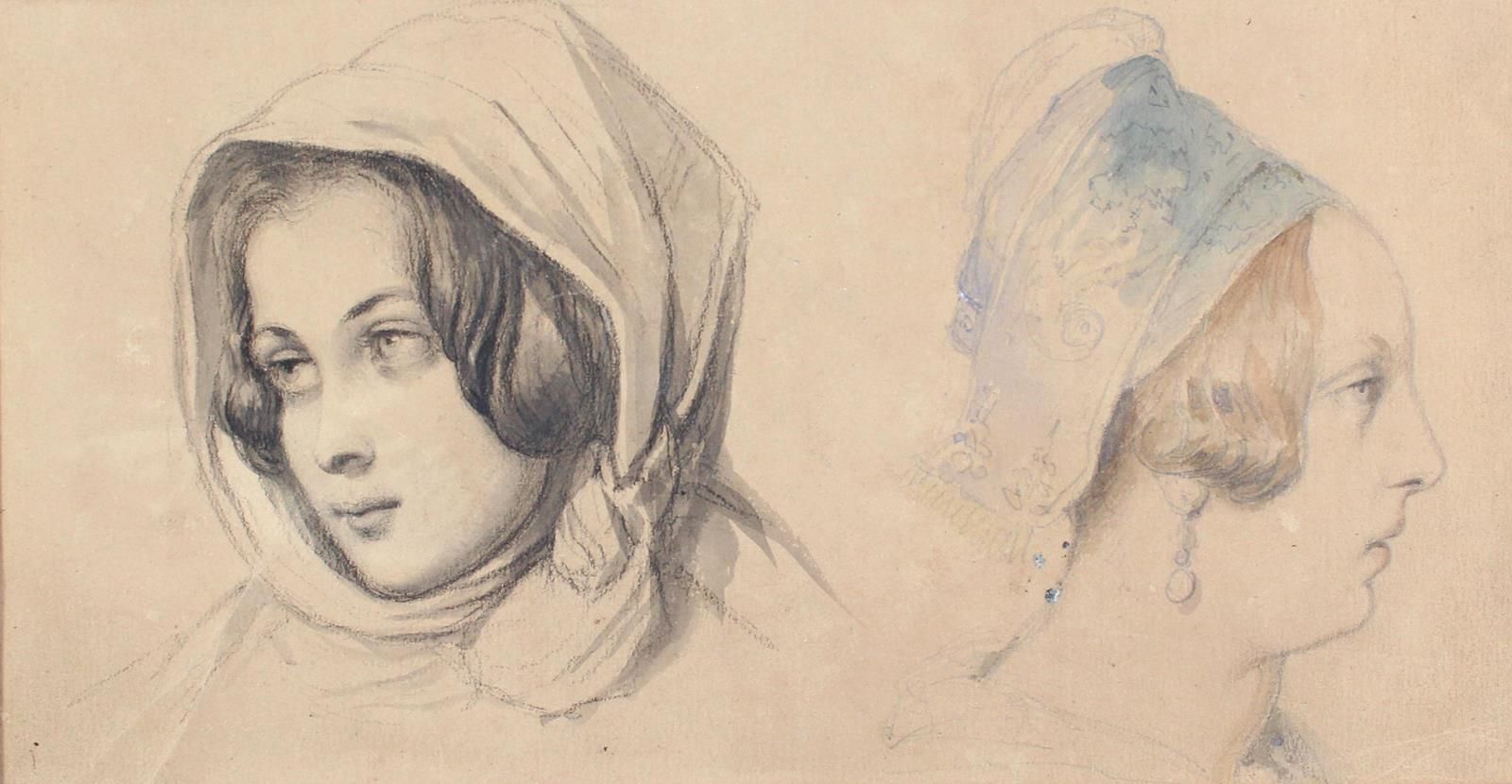 Anonym. 铅笔研究，部分水彩画在牛皮纸上。 两面都有画。20世纪上半叶。 一个戴头饰的女人的头部研究。 背面是一个戴头巾的年轻女人的全身画像。约11 x &hellip;